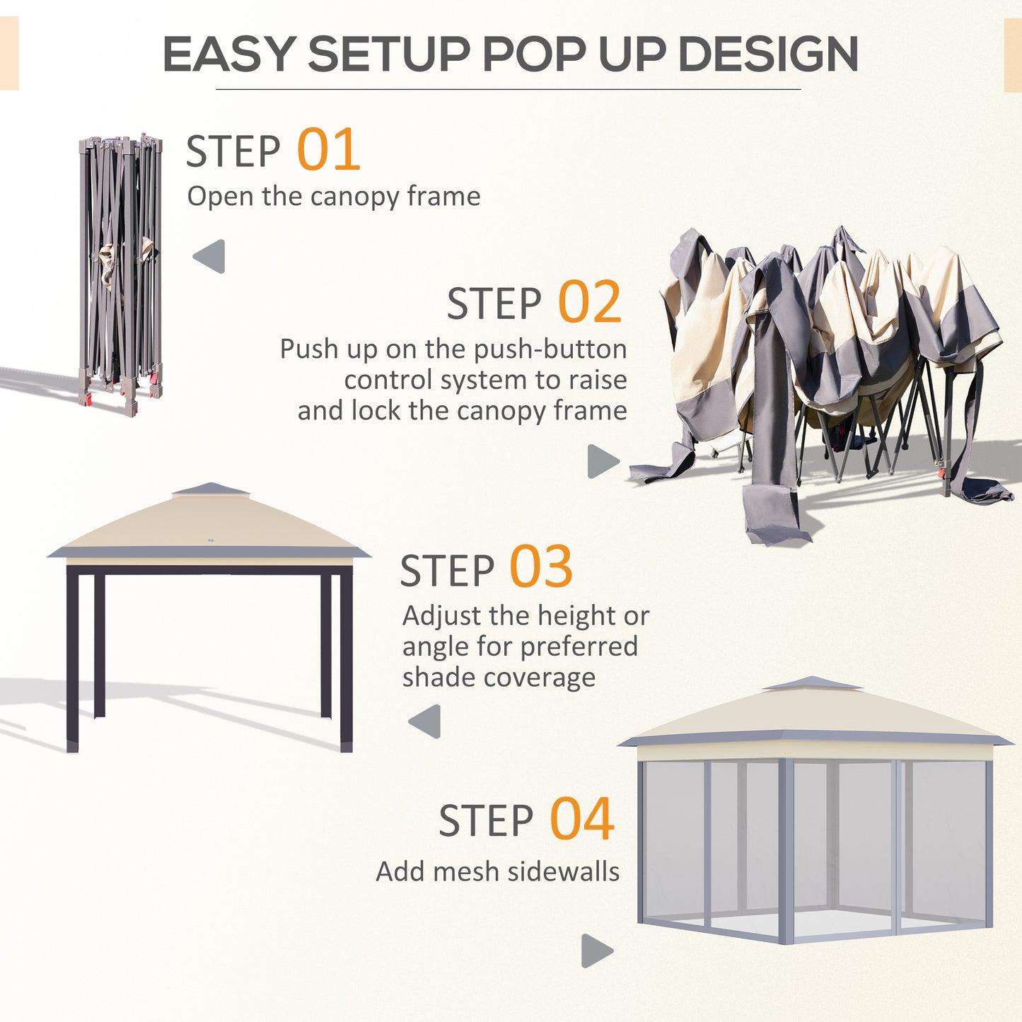 Outsunny 330cm x 330cm Pop Up Canopy, Double Roof Foldable Canopy Tent with Zippered Mesh Sidewalls, Height Adjustable and Carrying Bag, Event Tent for Patio Garden Backyard, Beige