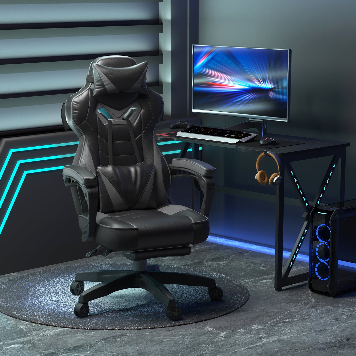 Vinsetto Ergonomic Racing Gaming Chair Office Desk Chair Adjustable Height Recliner with Wheels, Headrest, Lumbar Support, Retractable Footrest Home Office, Grey