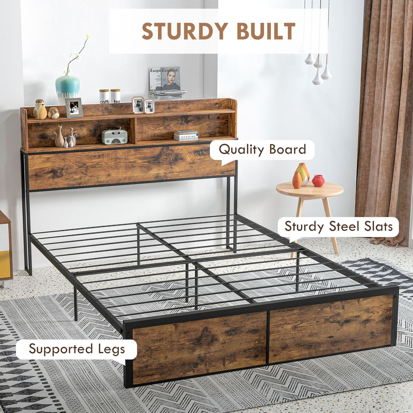 Industrial King Bed Frame, 5.2FT Steel Bed Base with Storage Headboard, Footboard, Rustic Brown
