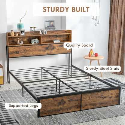Industrial King Bed Frame, 5.2FT Steel Bed Base with Storage Headboard, Footboard, Rustic Brown