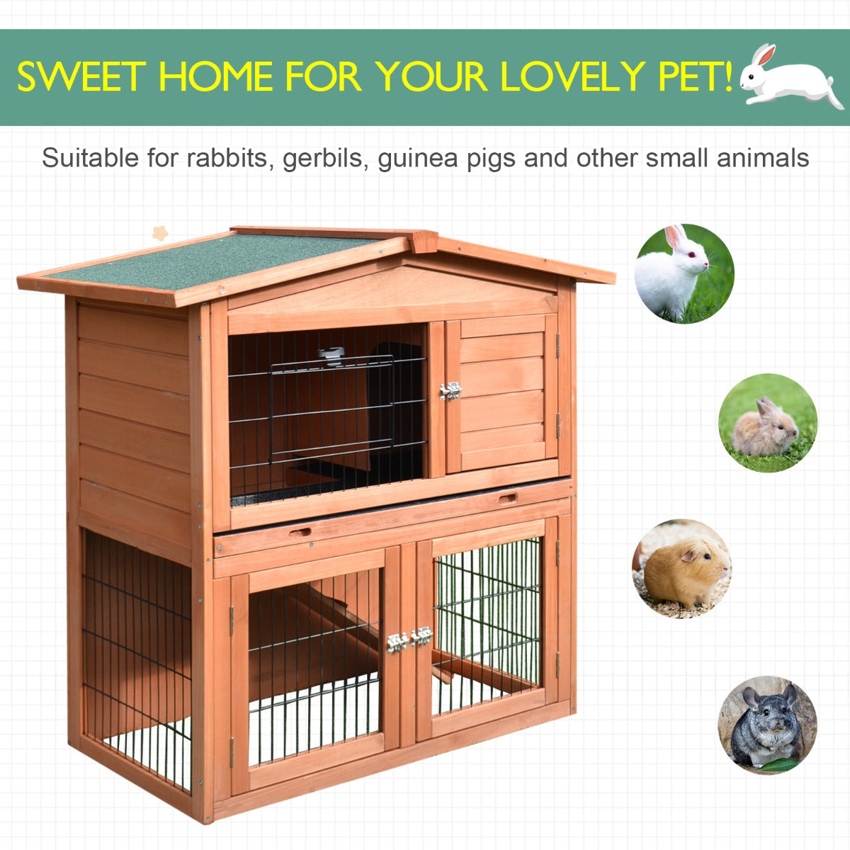 2-Tier Rabbit Hutch Outdoor, Large Guinea Pig Hutch, Bunny Cage with Ramp, Rabbit Run, Slide Out Tray for Indoor 100.5 x 55 x 101 cm