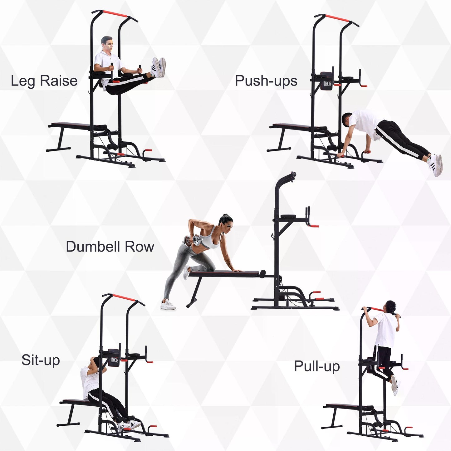 Multifunction Power Tower Home Workout Dip Station w/ Sit-up Bench Push-up Bars and Tension Ropes Fitness Equipment Gym Training