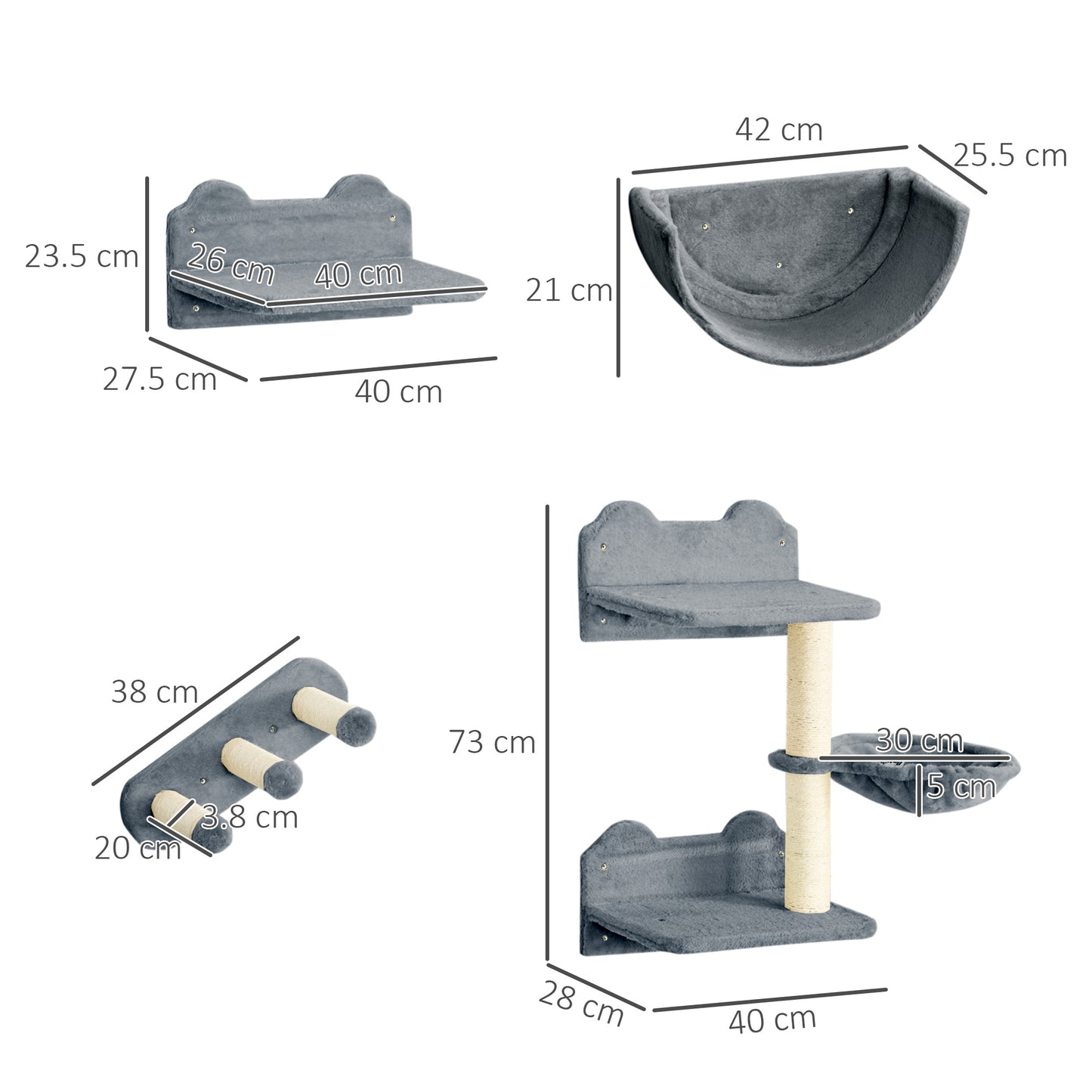 4PCs Wall Mounted Cat Tree Cat Wall Shelves Furniture Climbing Shelf Set Kitten Activity Centre w/ Hammock, Scratching Post - Grey