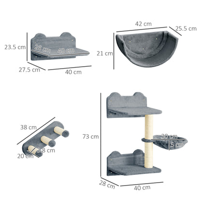 4PCs Wall Mounted Cat Tree Cat Wall Shelves Furniture Climbing Shelf Set Kitten Activity Centre w/ Hammock, Scratching Post - Grey