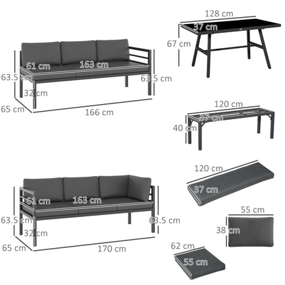 L-shaped Garden Furniture Set 8-Seater Aluminium Outdoor Dining Set Conversation Sofa Set w/ Bench, Dining Table & Cushions,¬†Grey