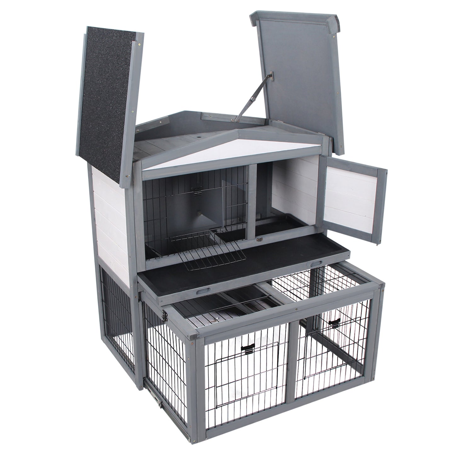 2 Tier Wooden Rabbit Hutch Guinea Pig Hutch Small Animal Cage Slide Out Tray Ramp Outdoor Run Openable Roof Grey 101.5 x 90 x 100 cm