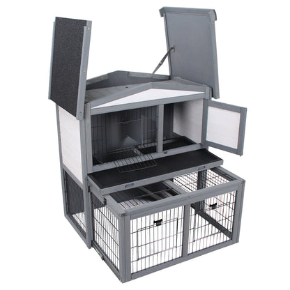 2 Tier Wooden Rabbit Hutch Guinea Pig Hutch Small Animal Cage Slide Out Tray Ramp Outdoor Run Openable Roof Grey 101.5 x 90 x 100 cm
