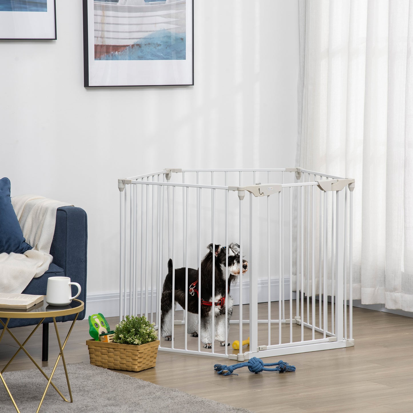 Pet Safety Gate, 5 Panel Playpen Fireplace Christmas Tree Metal Fence Stair Barrier Room Divider with Walk Through Door Automatically Close Lock White