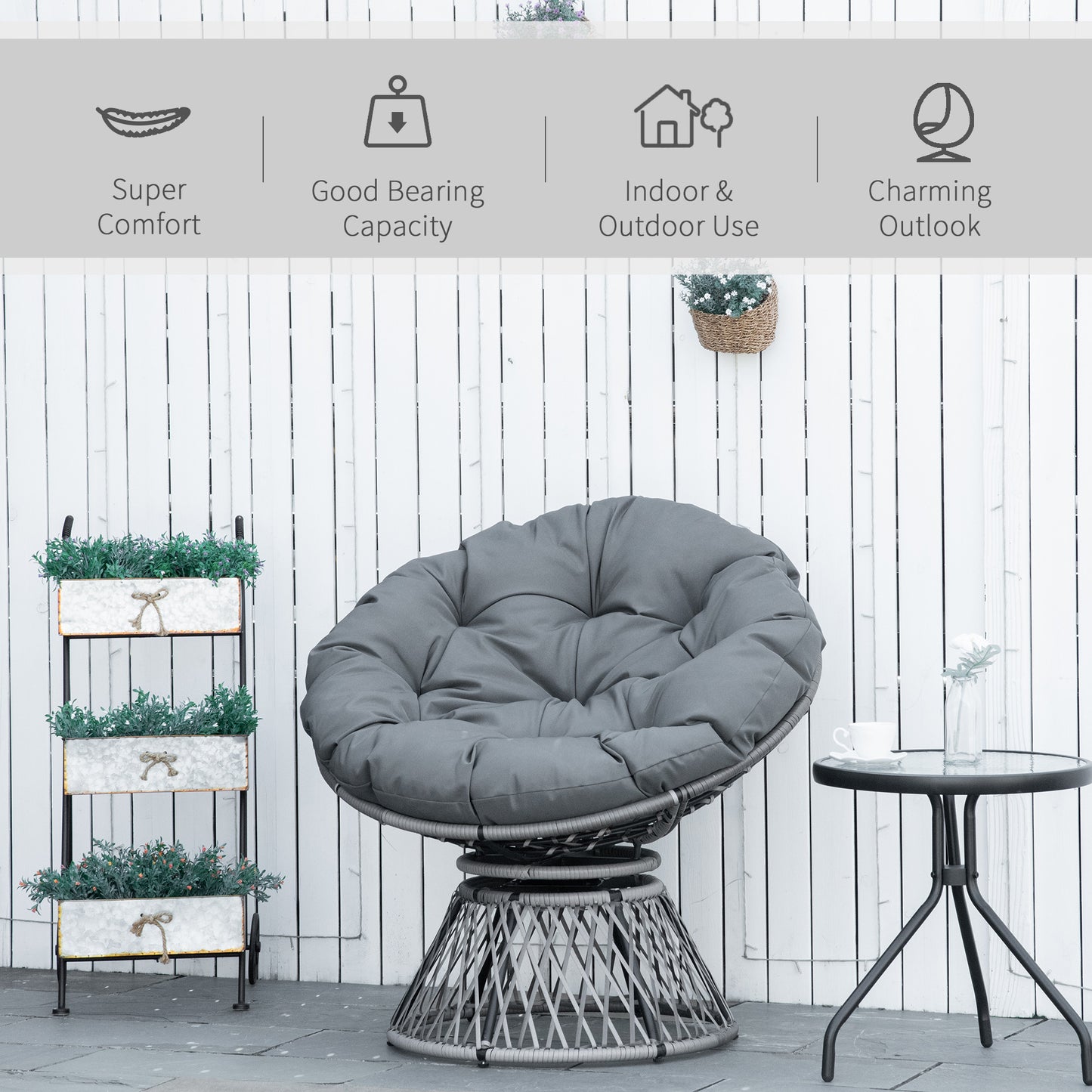 Outsunny 360√Ç¬¨√Ç¬®√¢¬Ä¬ö√É¬†√É¬ª Swivel Rattan Papasan Moon Bowl Chair Round Lounge Garden Wicker Basket Seat with Padded Cushion Oversized for Outdoor Indoor, Grey