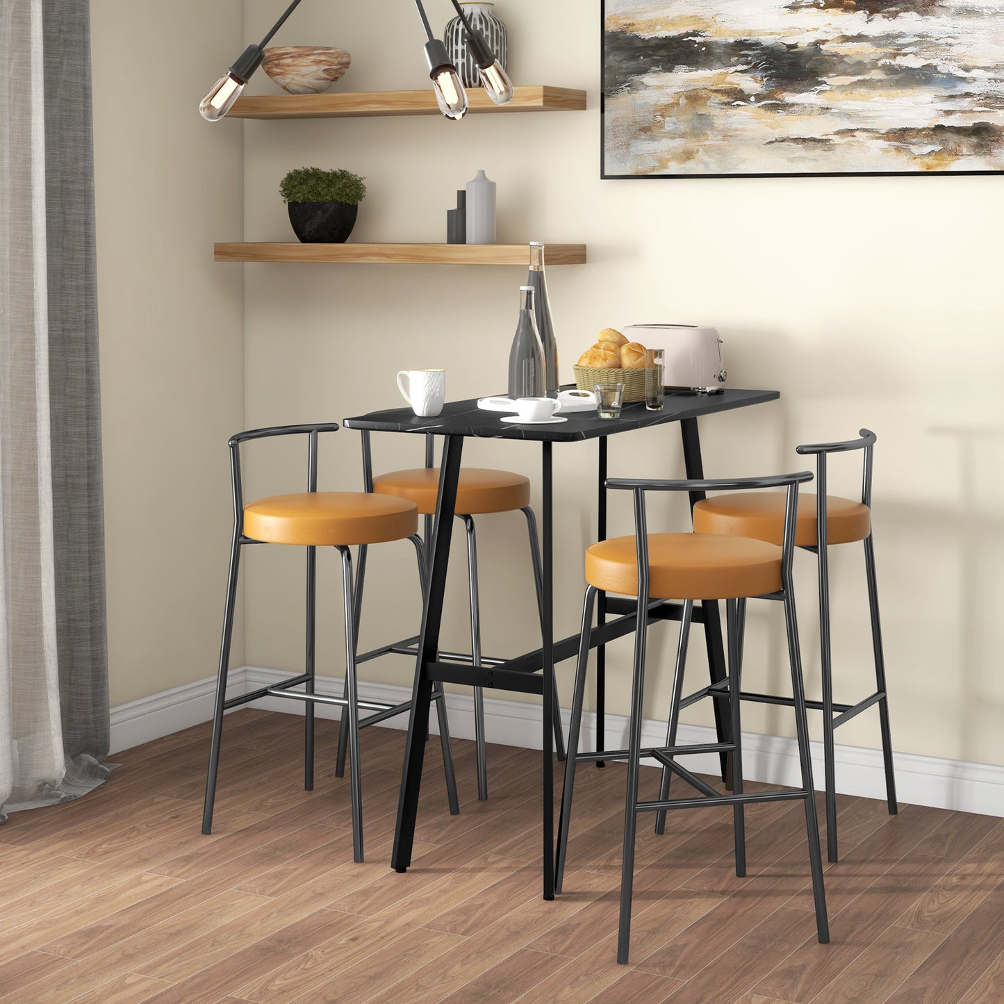 Rectangular Bar Table w/ Sturdy Metal Frame, Contemporary Design High Top Kitchen Table w/ Faux Marble Top, Easy Assembly Pub Table for 4