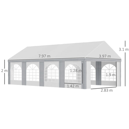 Outsunny 8 x 4m Galvanised Party Tent, Marquee Gazebo with Sides, Eight Windows and Double Doors, for Parties, Wedding and Events