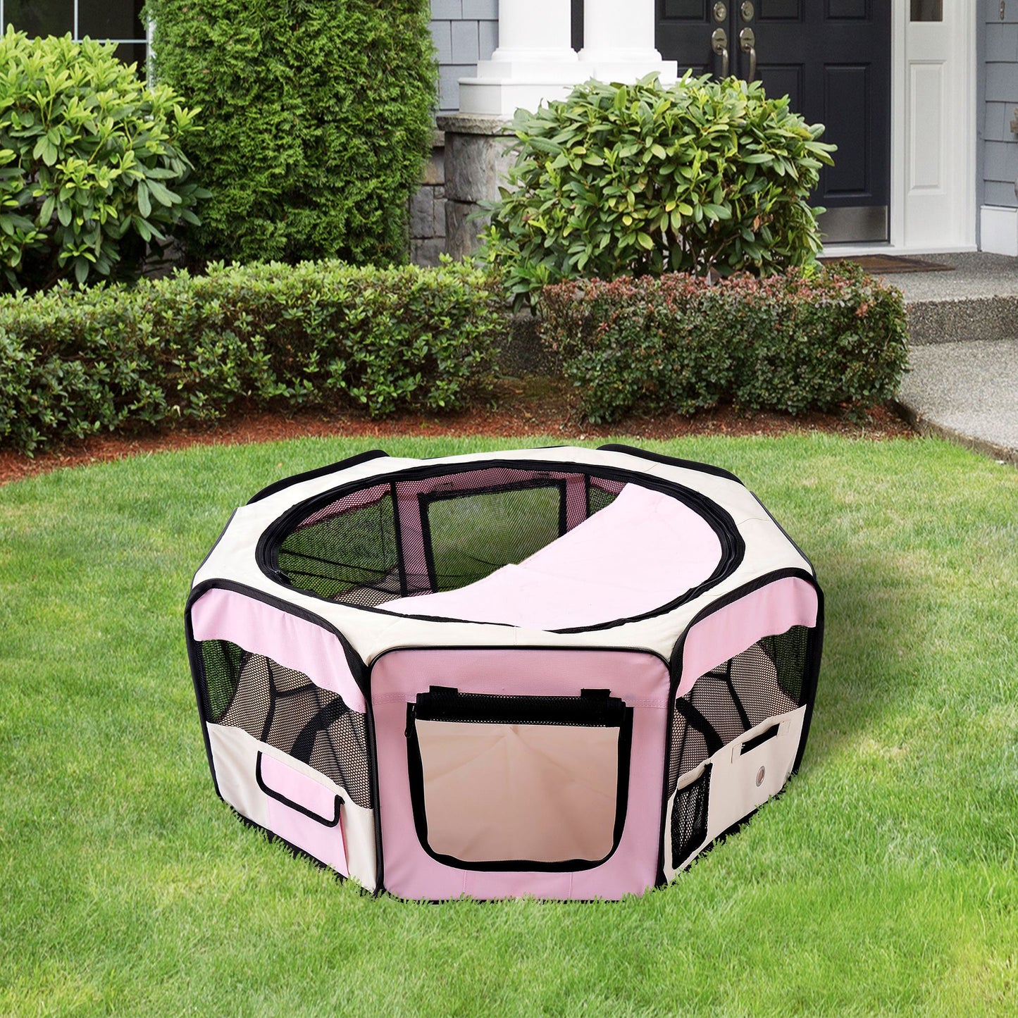 Fabric Dog Play Pen Puppy Pet Cat Rabbit Pig Guinea Playpen Run Indoor & Outdoor, Dia 90 x 41H cm Pink