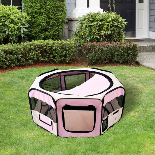 Fabric Dog Play Pen Puppy Pet Cat Rabbit Pig Guinea Playpen Run Indoor & Outdoor, Dia 90 x 41H cm Pink