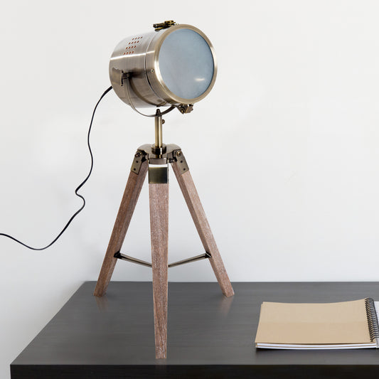 Vintage Tripod Table Desk Lamp Bedside SpotBrass Antique Search Wooden Base