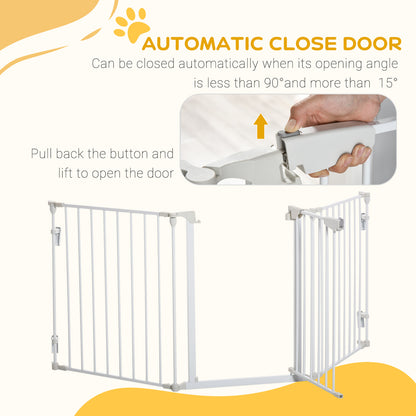 Pet Safety Gate 3-Panel Playpen Fireplace Christmas Tree Metal Fence Stair Barrier Room Divider with Walk Through Door Automatically Close Lock White