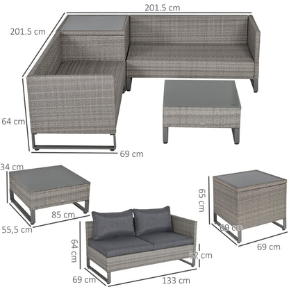 Outsunny 4 PCs PE Rattan Wicker Set Outdoor Conservatory Furniture Lawn Patio Coffee Table w/ Side Storage Box & Cushion, Grey
