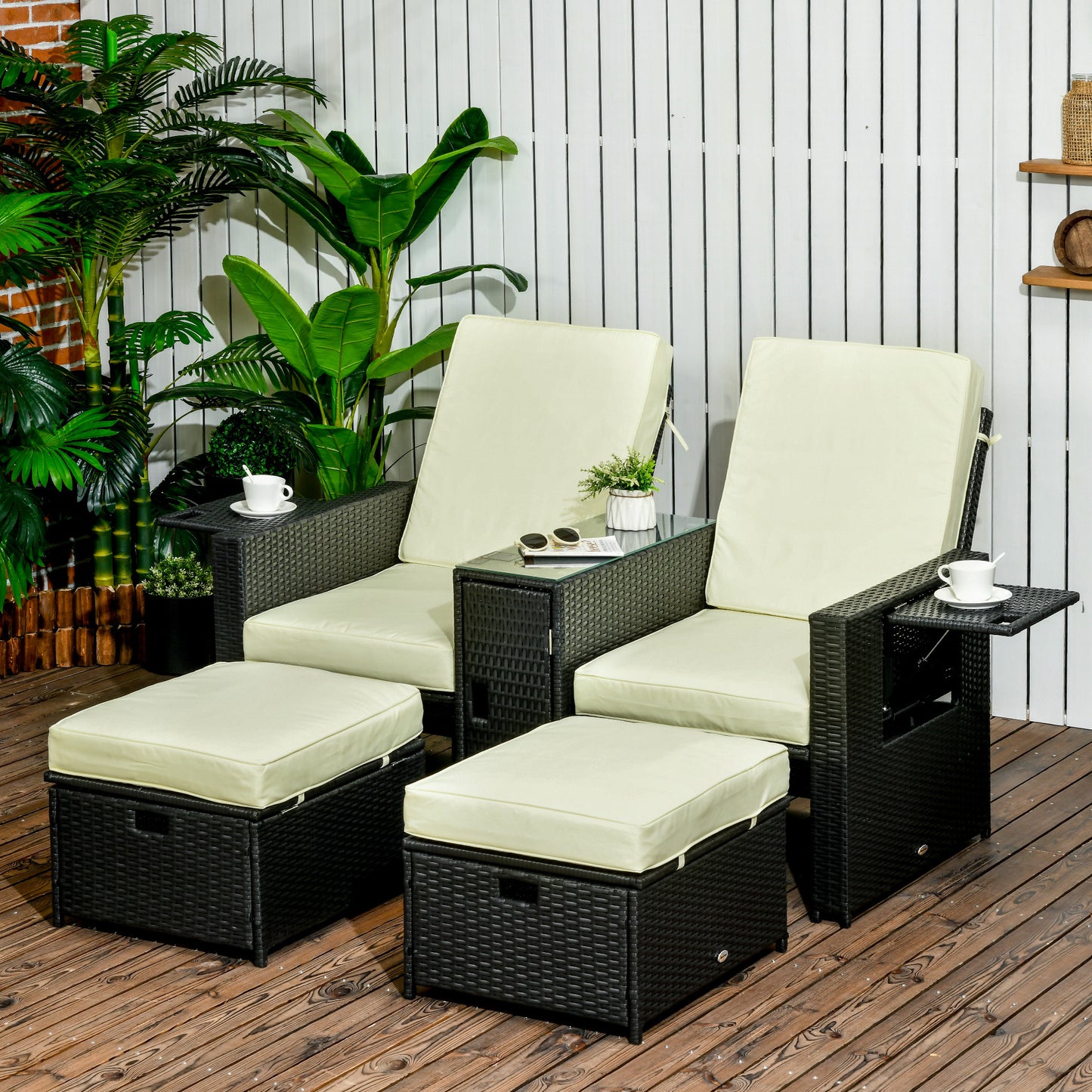 5PC PE Rattan Sun Lounger, Outdoor Wicker 5-level Adjustable Reclining  Bed with Storage Side Table and Footstools, for Patio, Garden, Poolside, Black
