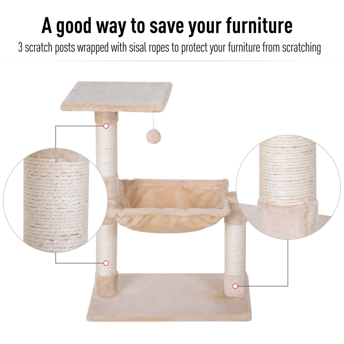 70cm Cat Tree for Indoor Cats Durable Natural Sisal Scratching Posts Hammock Bed Kitty Activity Center Beige