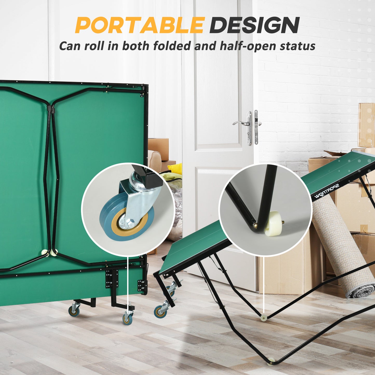 9FT Folding Tennis Table, with 8 Wheels, for Indoor Use, Green + Comes with a net, two paddles and three balls