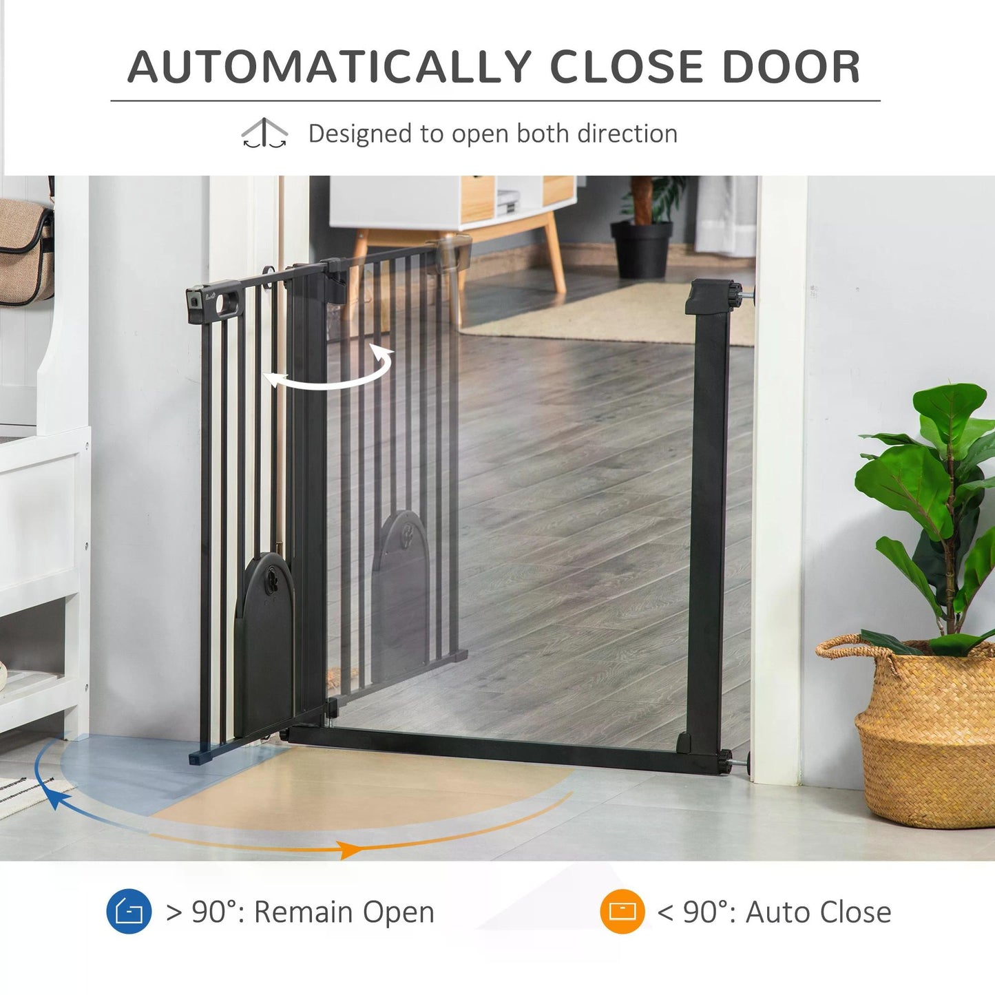 Dog Gate with Cat Flap Pet Safety Gate Barrier, Stair Pressure Fit, Auto Close, Double Locking, for Doorways, Hallways, 75-82 cm Black