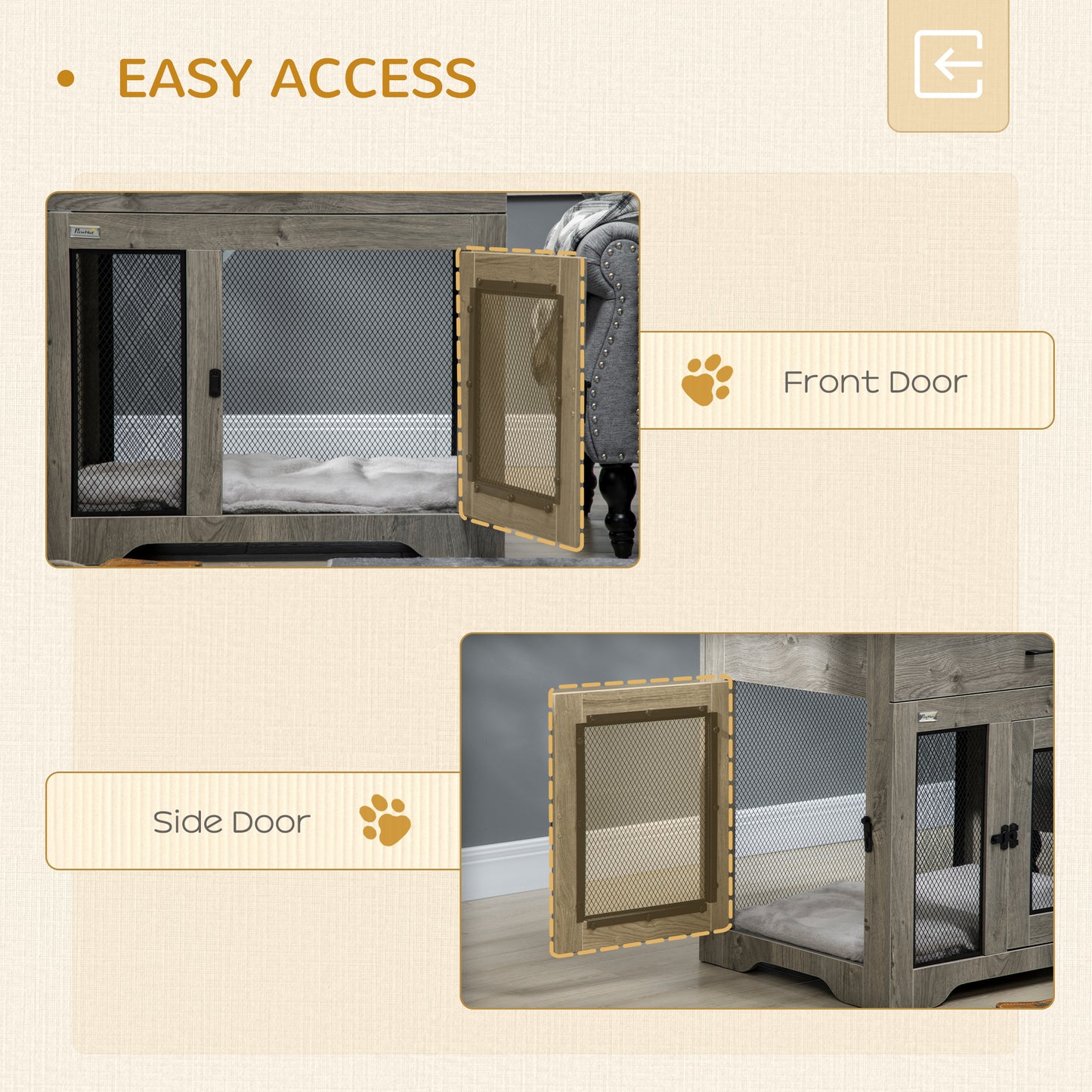 Indoor Dog Crate Furniture with Cushion, Double Doors, Pet Kennel End Table with Drawer, for Medium Dogs - Grey