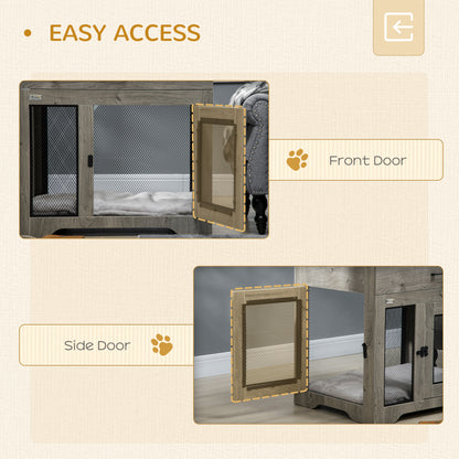 Indoor Dog Crate Furniture with Cushion, Double Doors, Pet Kennel End Table with Drawer, for Medium Dogs - Grey