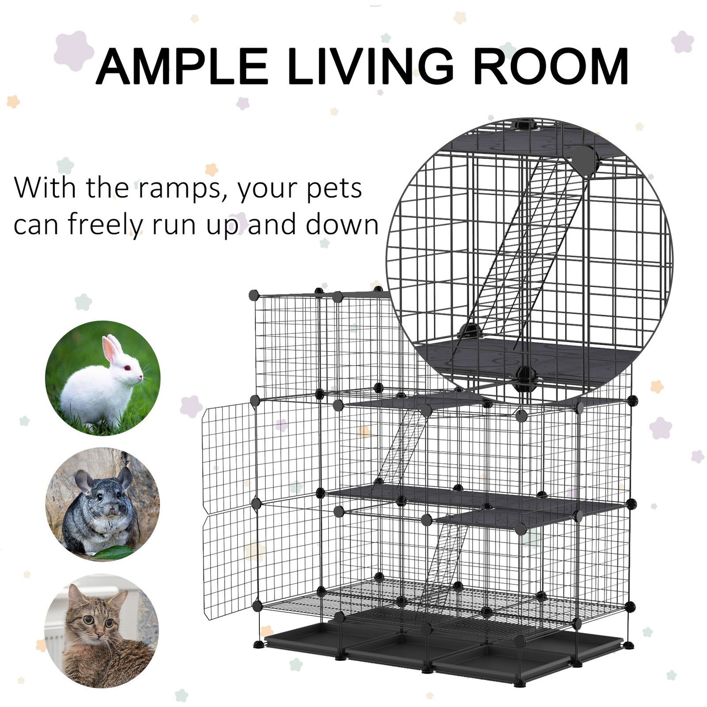 3 Level DIY Pet Playpen Metal Small Animal Cage Rabbit Ferret Chinchillas Cage 4 Doors Bottom Trays Black