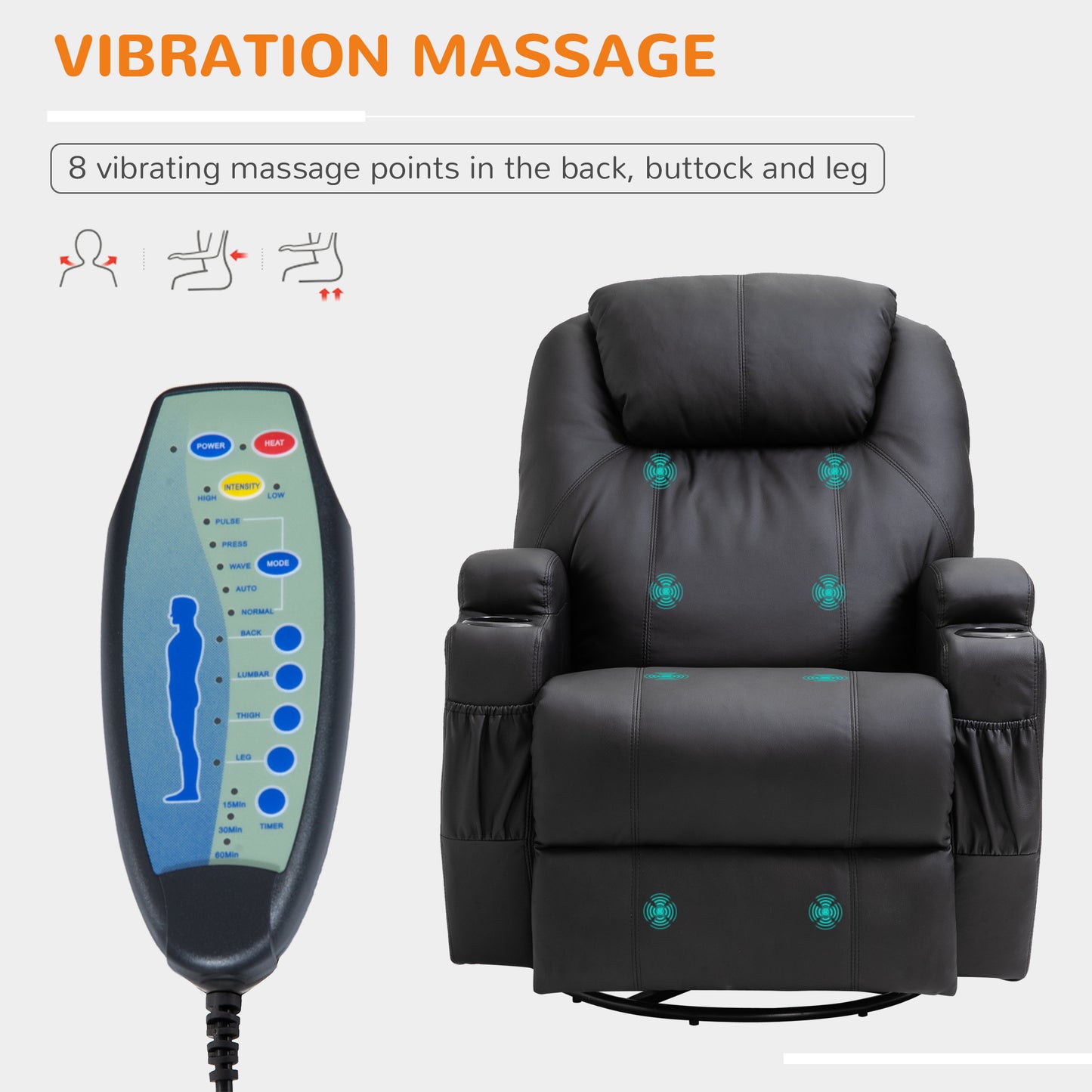 Recliner Armchair Massage Swivel PU Leather Reclining Chairs with Adjustable Leg Rest, Cup Holder, Side Pocket, for Home Living Room, Black