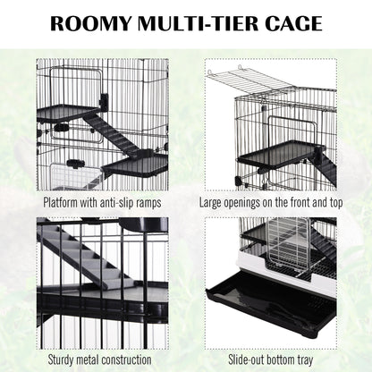 4-Level Small Animal Cage, Indoor Bunny House, for Ferrets, Chinchillas w/ Wheels, Slide-Out Tray, Black, 81 x 52.5 x 114 cm