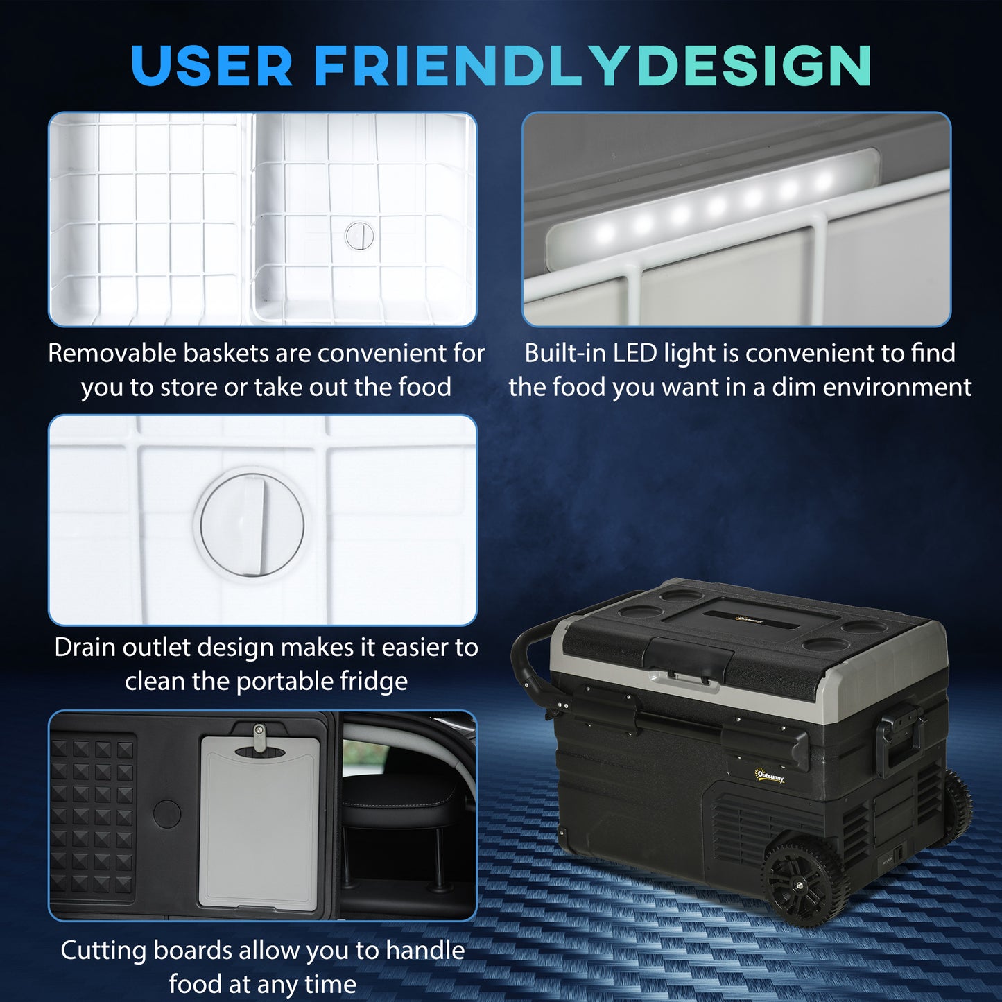Outsunny 40L Car Refrigerator, Portable Compressor Cooler Box, Fridge Freezer w/ Inner LED Light, Foldable Handles, Cup Holders, 12/24V DC and 110-240V AC for Campervan RV Boat Travel Down to -20‚Äö√ë√â