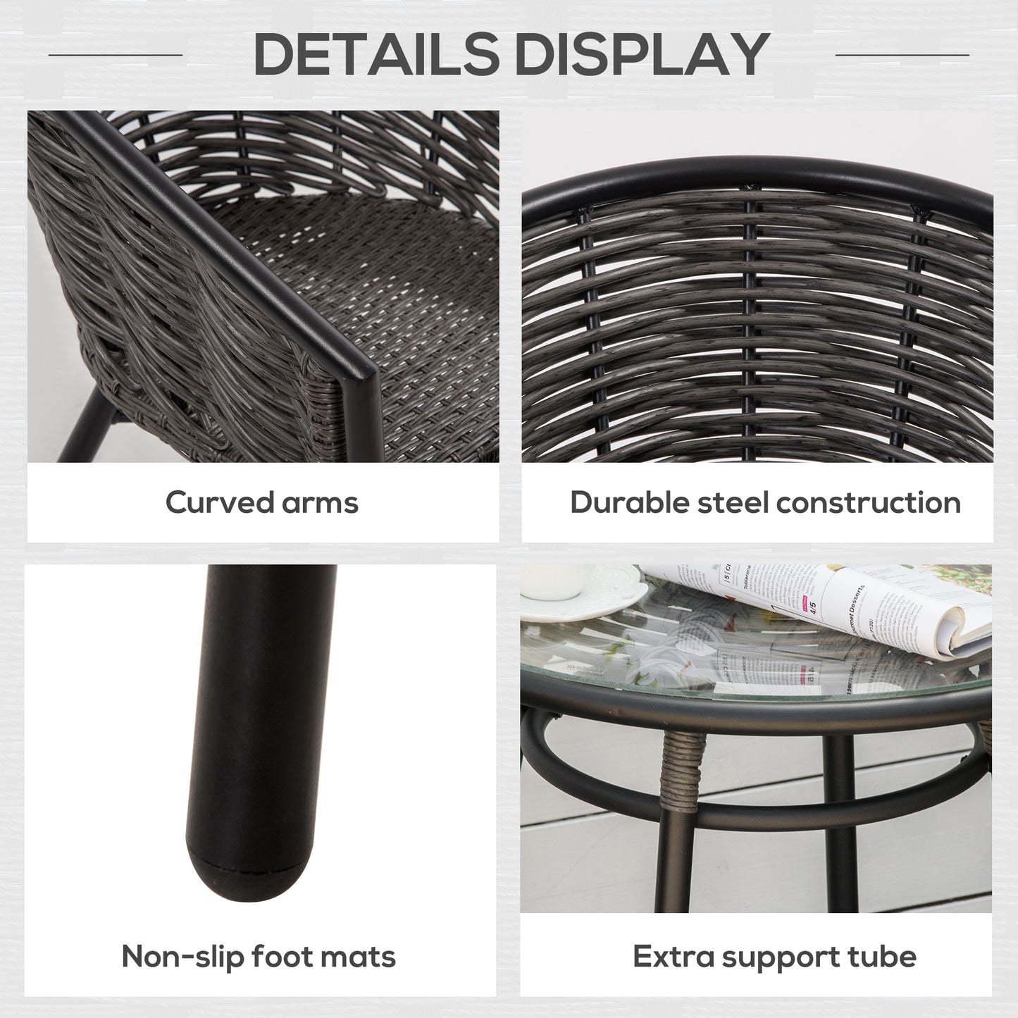 Outsunny 3 Pieces Outdoor PE Rattan Balcony Furniture, Round Wicker Patio Table and Chairs w/ 2 Armchairs & Glass Top Coffee Table Conversation Furniture Sets, Grey