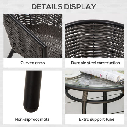 Outsunny 3 Pieces Outdoor PE Rattan Balcony Furniture, Round Wicker Patio Table and Chairs w/ 2 Armchairs & Glass Top Coffee Table Conversation Furniture Sets, Grey