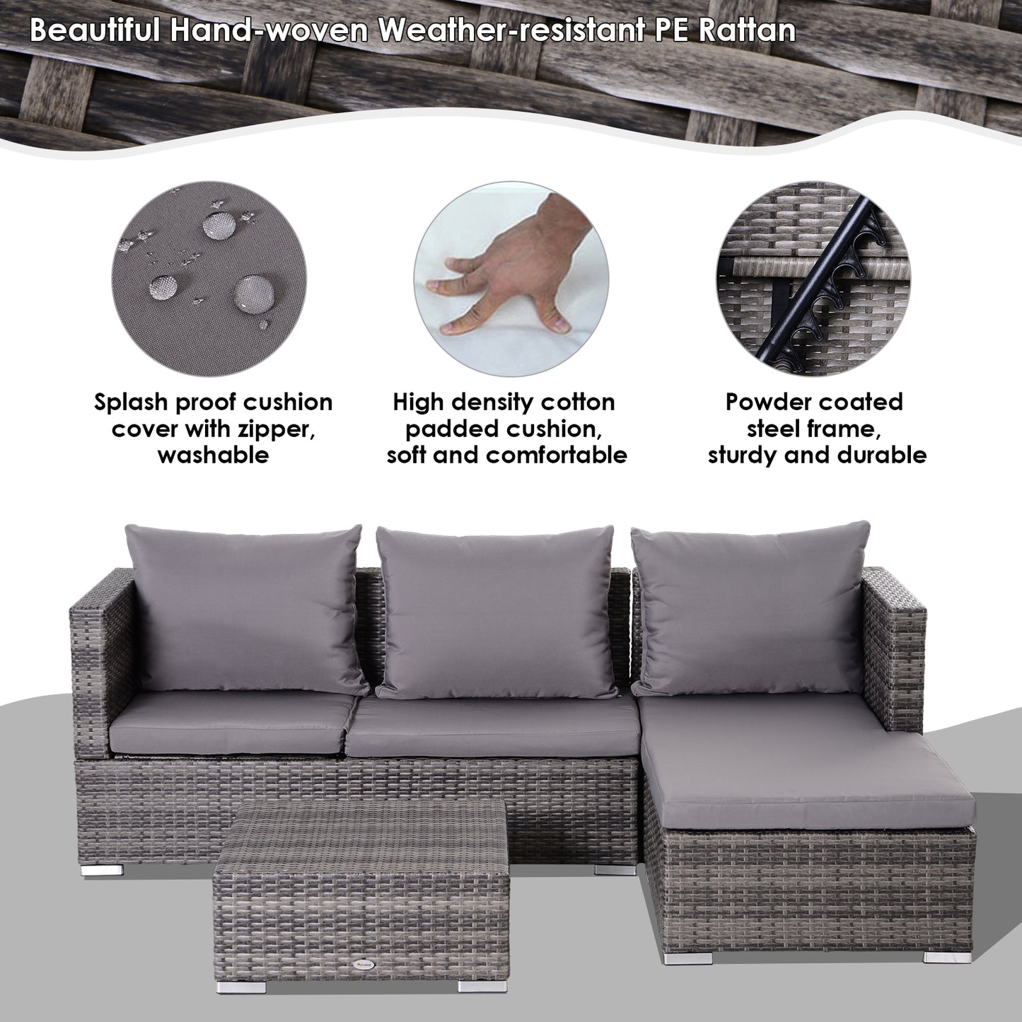 3PC Rattan Garden Furniture Storage Set 4 Seater Wicker Coffee Table Conservatory Sun Lounger Reclining Set Outdoor Weave with Cushion Grey