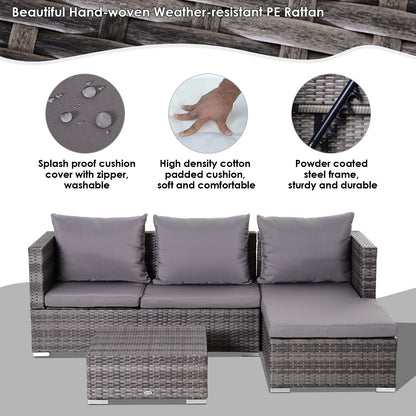 3PC Rattan Garden Furniture Storage Set 4 Seater Wicker Coffee Table Conservatory Sun Lounger Reclining Set Outdoor Weave with Cushion Grey