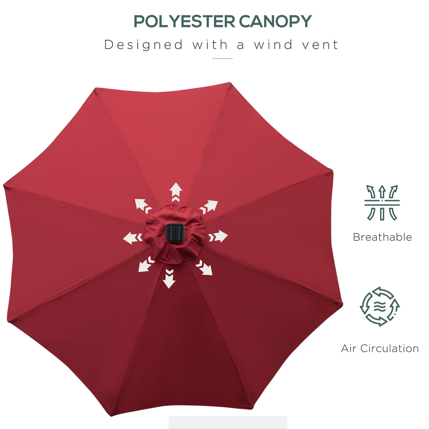 Φ2.7m Garden 24 LED Light Parasol Solar Outdoor Tilt Sun Umbrella Patio Club Party Event Manual Sun Shade w/ Hand Crank and 8 Ribs Red