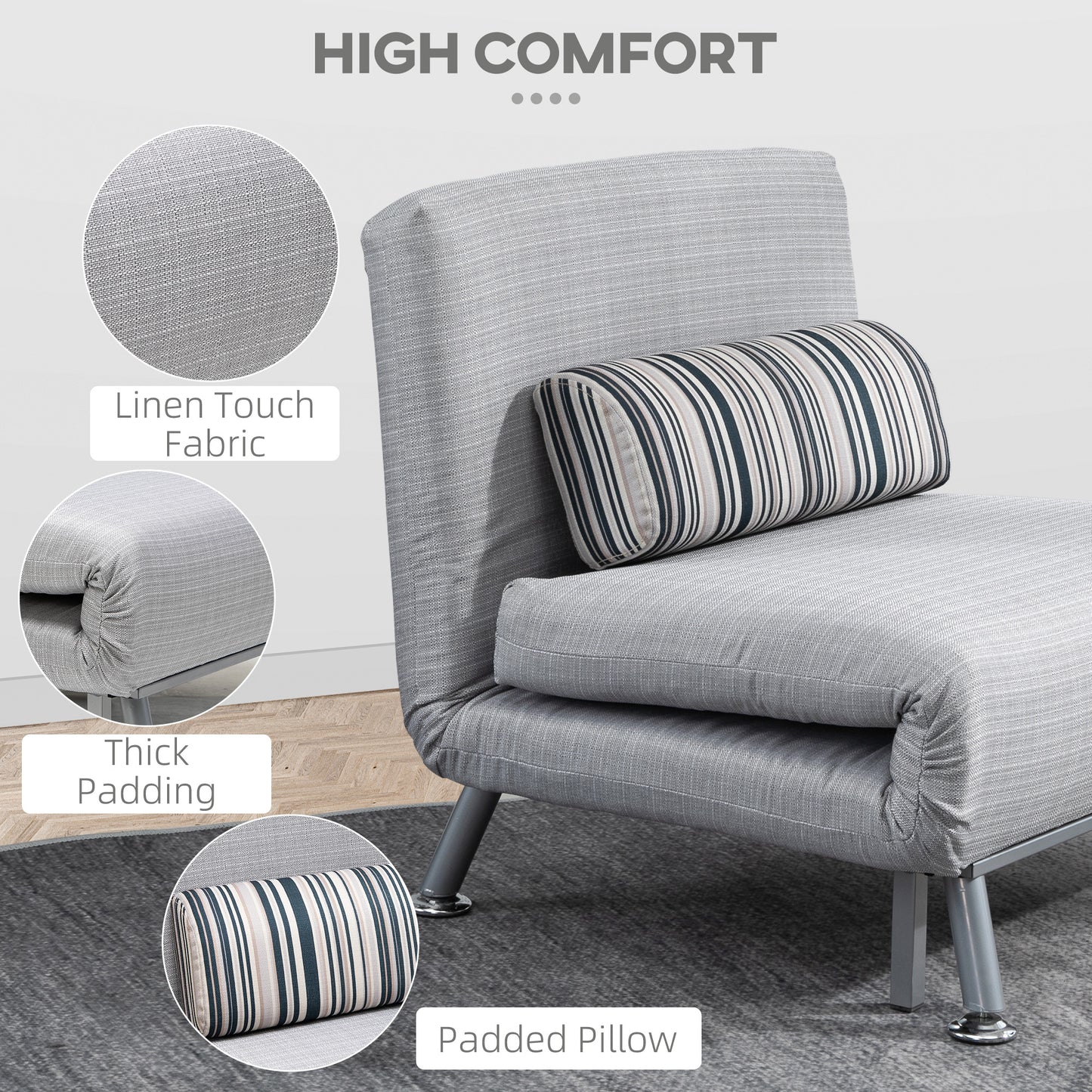 Single Sofa Bed Futon Chair Sleeper, Foldable Portable Lounge Couch, Living Room Furniture Grey