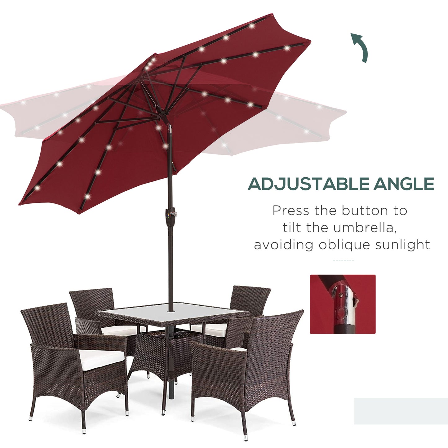 Φ2.7m Garden 24 LED Light Parasol Solar Outdoor Tilt Sun Umbrella Patio Club Party Event Manual Sun Shade w/ Hand Crank and 8 Ribs Red