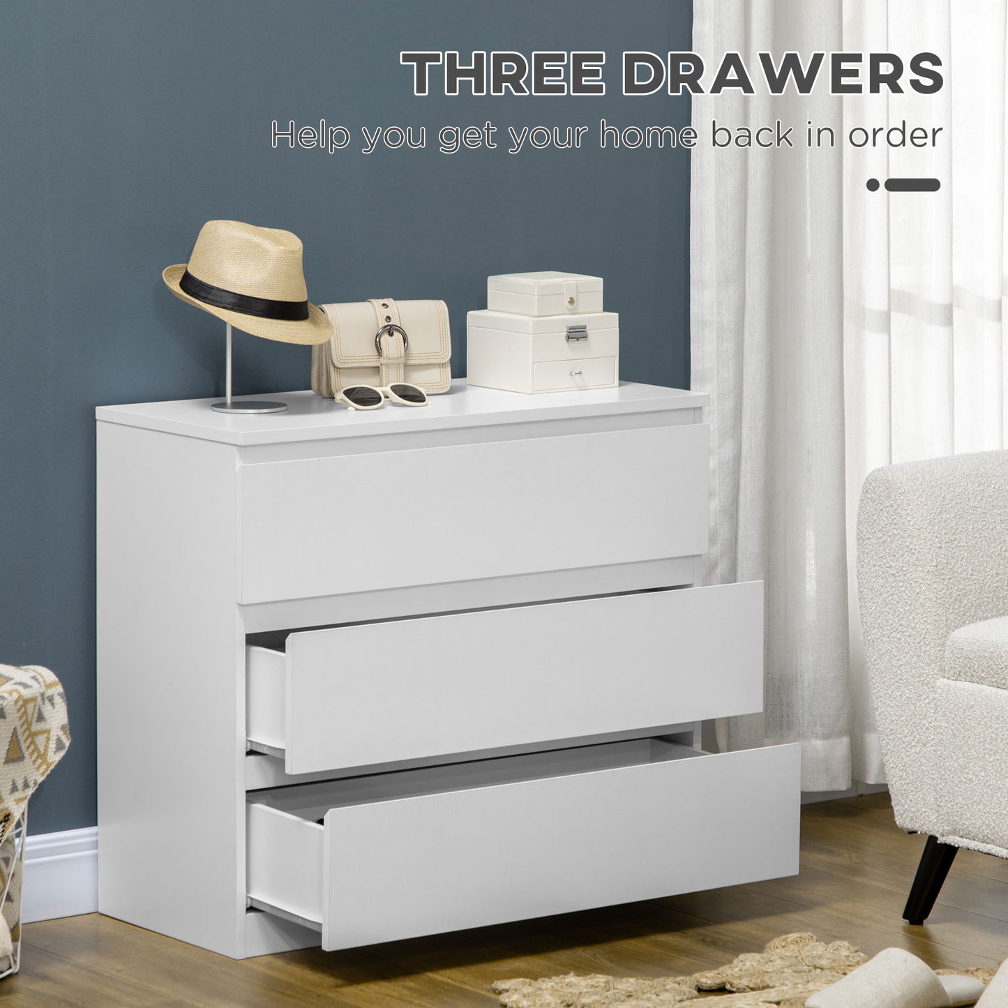 Three drawers offer lots of storage clothing - White