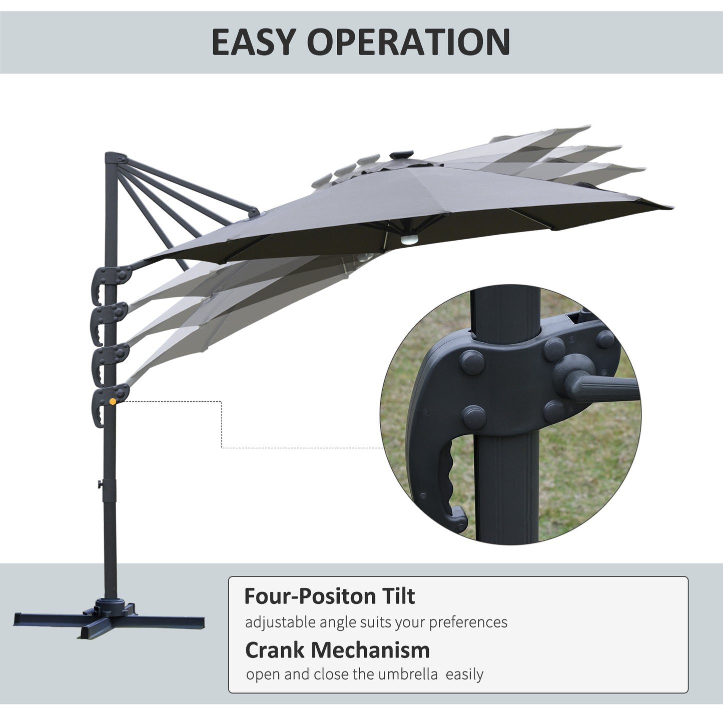 3(m) Cantilever Roma Parasol Garden Sun Umbrella Outdoor Patio with LED Solar Light Cross Base 360° Rotating, Grey