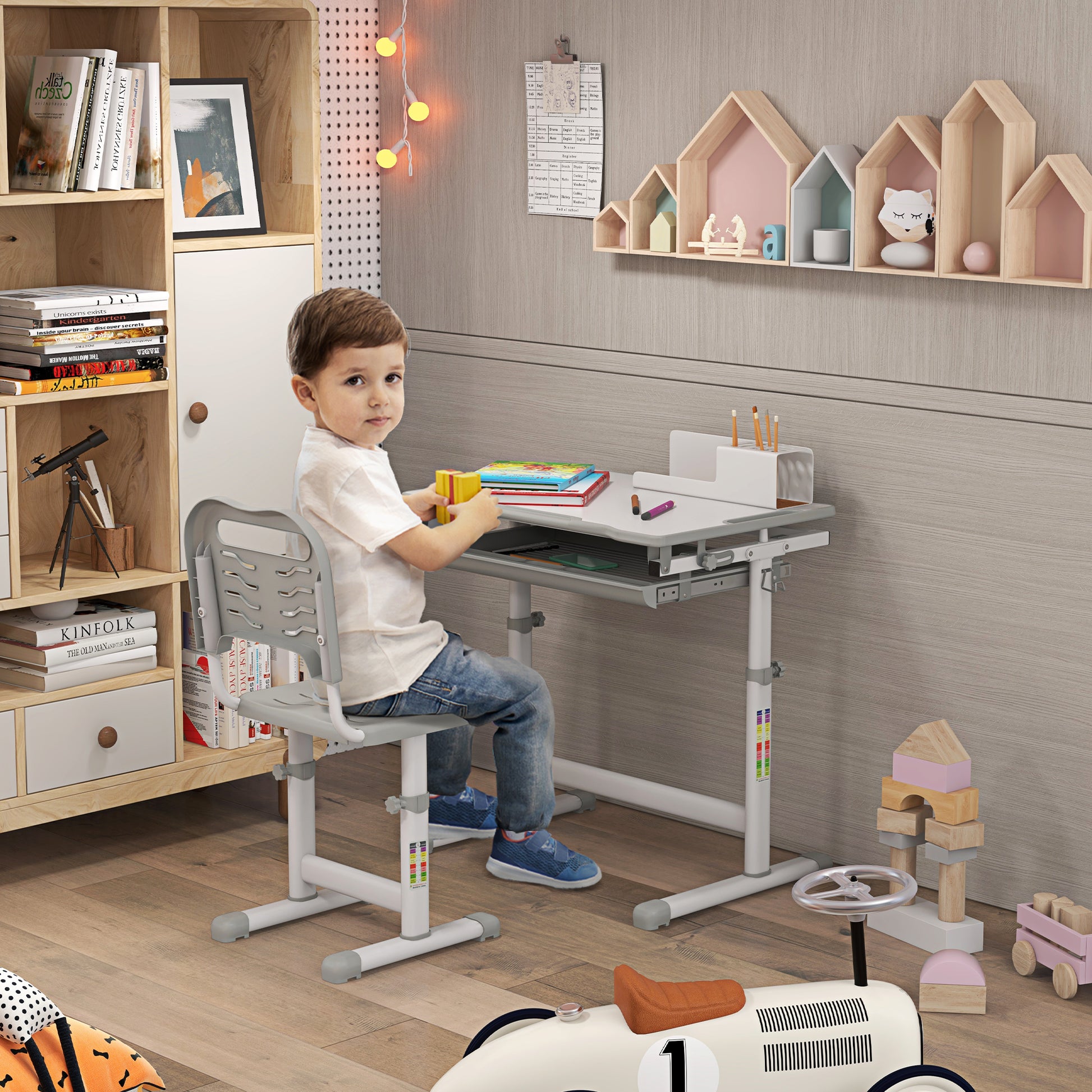 HOMCOM Kids Desk and Chair Set, Height Adjustable Student Writing Desk, Children School Study Table with Tiltable Desktop, Drawer, Pen Slot, Hook - Grey