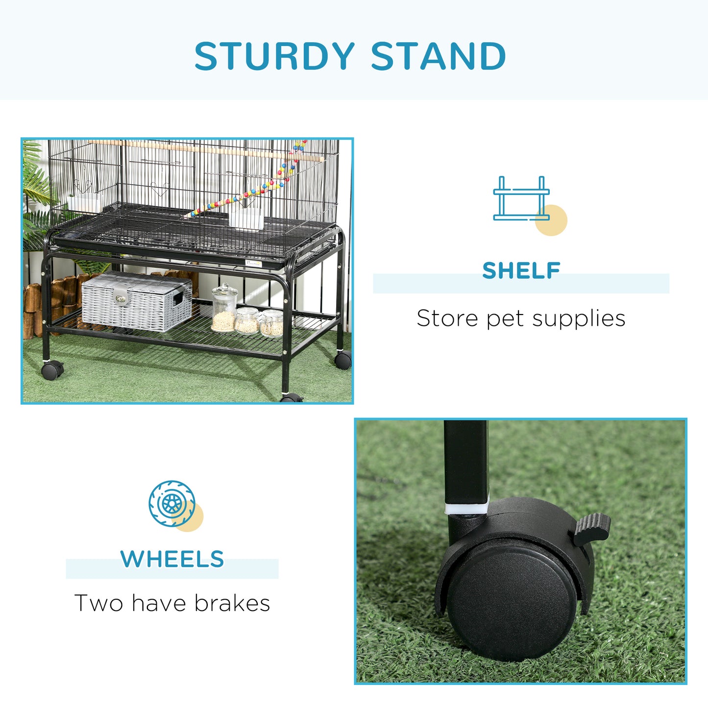 Bird Cage with Stand, Toys, Wheels, for Canaries, Finches, Lovebirds, Parakeets, Budgie Cage with Accessories, Storage Shelf - Black