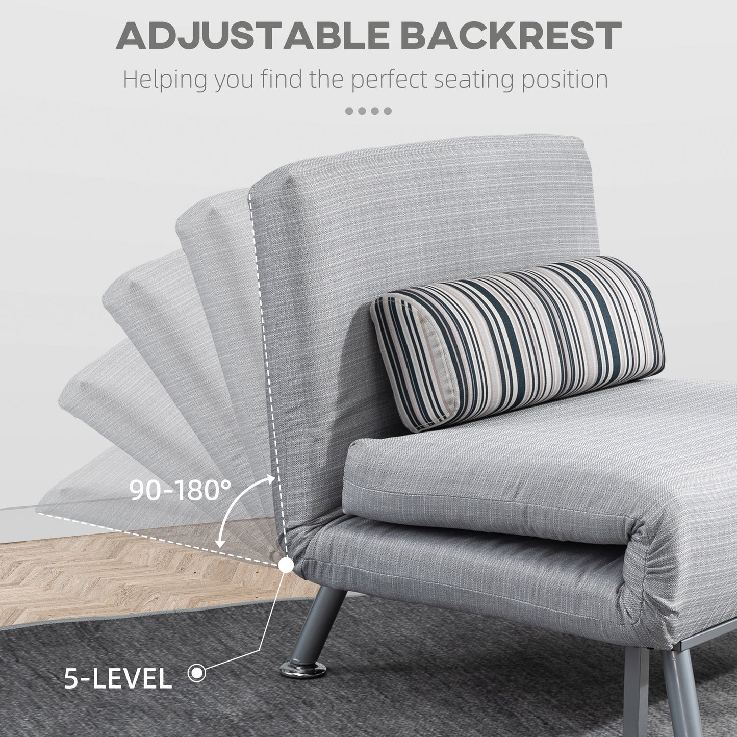 Single Sofa Bed Futon Chair Sleeper, Foldable Portable Lounge Couch, Living Room Furniture Grey