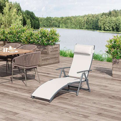 Garden Lounger Steel Frame Outdoor Folding Chaise Lounger with Headrest & 7 Levels Adjustable Backrest, 81.5L x 20.5W x 64.5H, Cream White