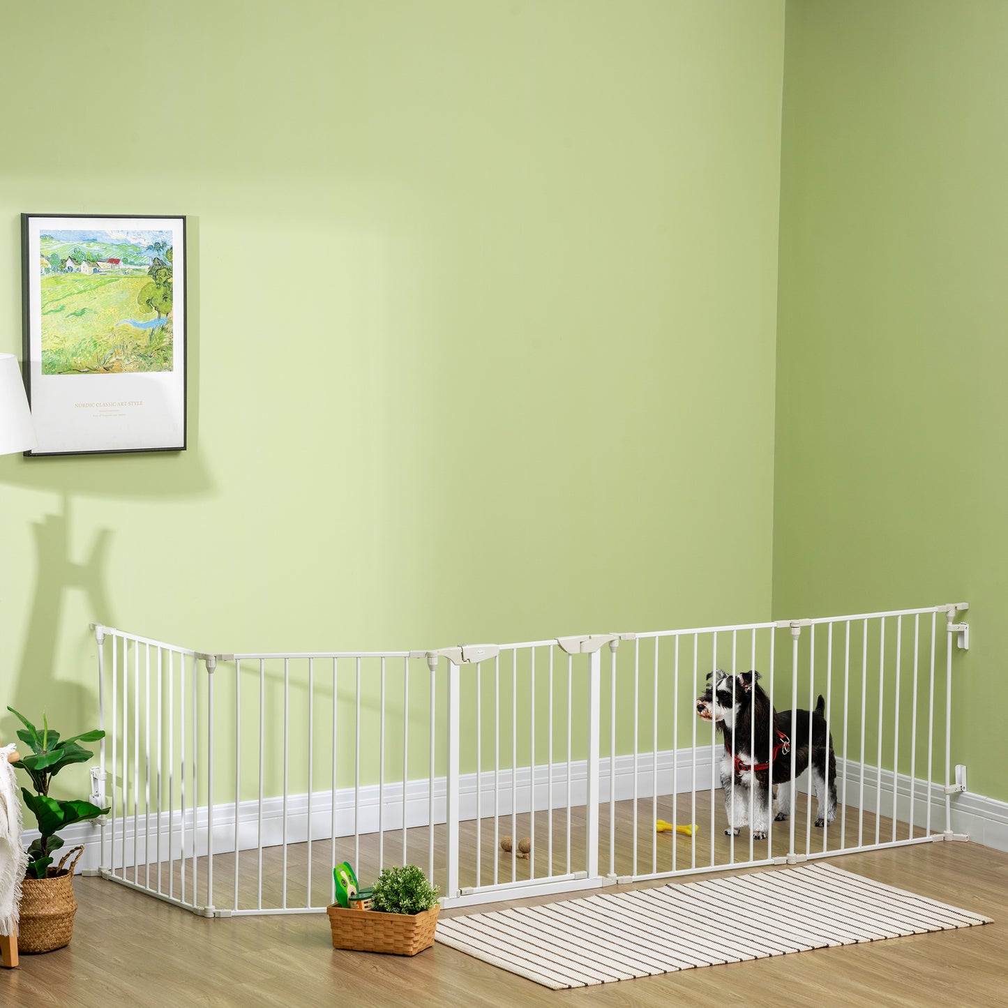 Pet Safety Gate, 5 Panel Playpen Fireplace Christmas Tree Metal Fence Stair Barrier Room Divider with Walk Through Door Automatically Close Lock White