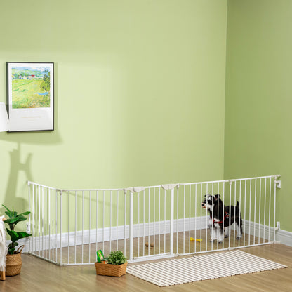 Pet Safety Gate, 5 Panel Playpen Fireplace Christmas Tree Metal Fence Stair Barrier Room Divider with Walk Through Door Automatically Close Lock White