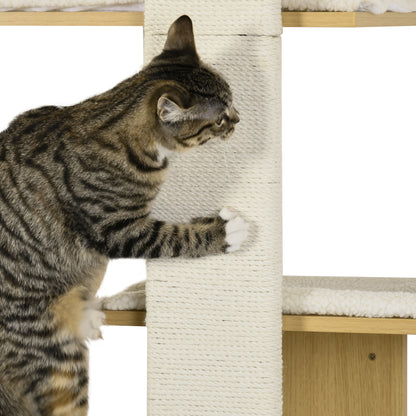Cat Tree for Indoor Cats, Four-Layer Wall-Mounted Shelf, Cat Wall Furniture, Kitten Perch Climber Furniture w/ Cushions, Scratching Board - Oak Tone
