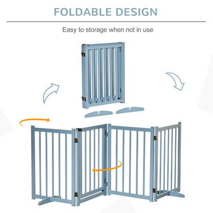 Freestanding Pet Gate for Small and Medium Dogs, Wooden Foldable Dog Safety Barrier with 4 Panels, 2 Support Feet, 80 cm Tall for Doorways, Stairs Blue-grey