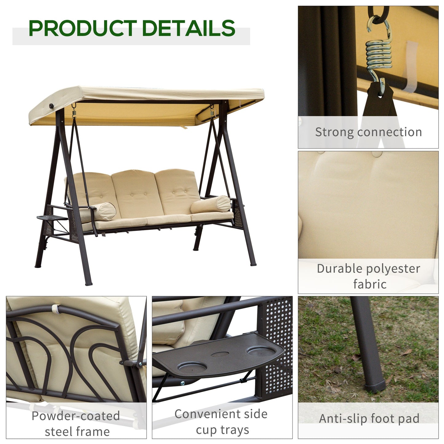 Steel Swing Chair Hammock Garden 3 Seater Canopy Cushion Shelter Outdoor Bench Beige