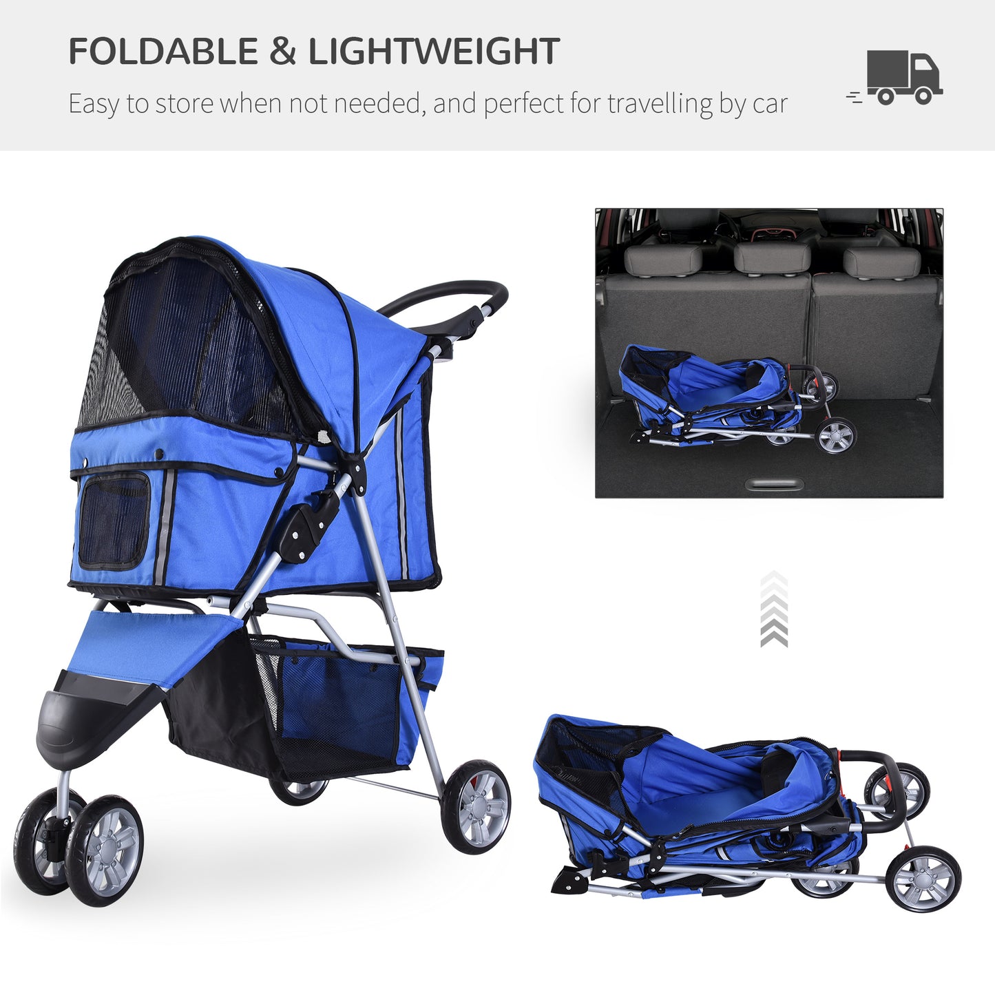 Pet Travel Stroller Cat Dog Pushchair Trolley Puppy Jogger Carrier Three Wheels for Small Miniature Dogs(Blue)