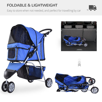 Pet Travel Stroller Cat Dog Pushchair Trolley Puppy Jogger Carrier Three Wheels for Small Miniature Dogs(Blue)